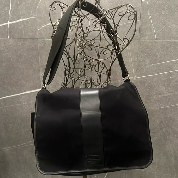 Coach messenger bag soft canvas material all black leather trim w lots of pocket - Picture 1 of 16